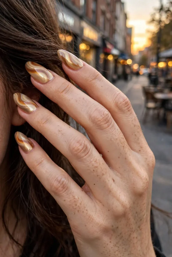 14 Fall Aura Nails That Create the Dreamiest Autumn Manicure Looks 10 Champagne and Toffee Swirl
