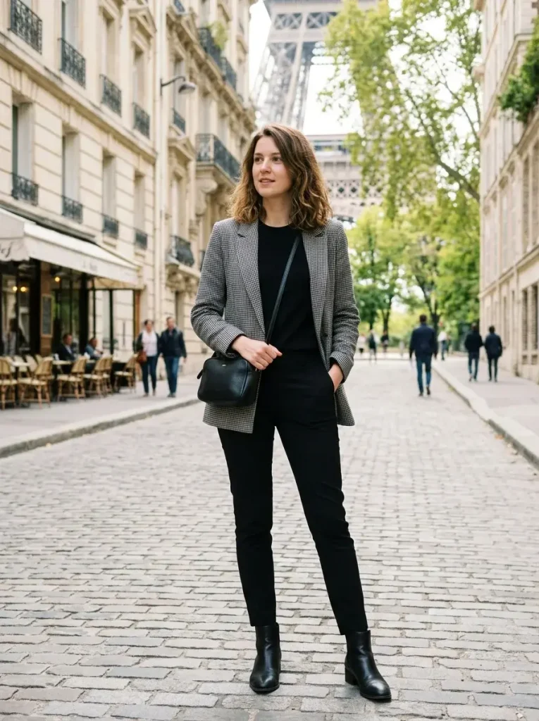 16 Fall Work Outfits, Built Around the One Piece You Decide On First 5 Checked blazer plain black top black trousers