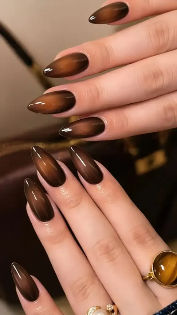 14 Fall Aura Nails That Make Autumn Colors Feel So Much More Interesting 4 Chocolate Brown Aura Nails