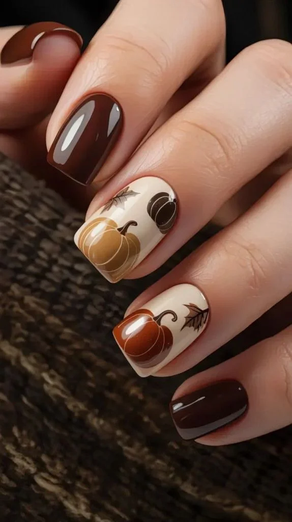 14 Fall Pumpkin Nails That Make Autumn Manicures Feel Extra Cozy 4 Chocolate Brown and Pumpkin Nails