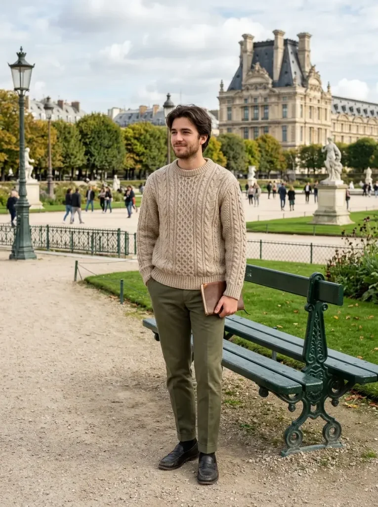 14 Fall Outfits Men Will Want to Wear This Season for Effortless Style 4 Chunky Knit Sweater With Tailored Trousers