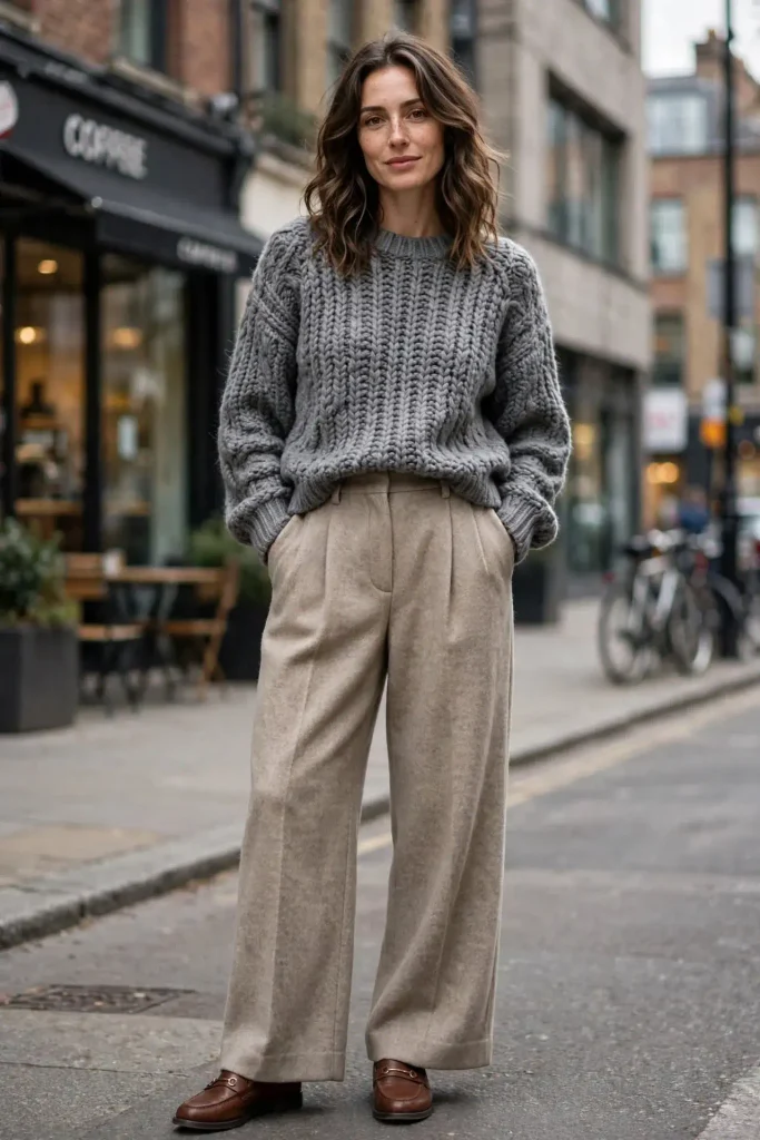 14 Fall Sweater Outfits, Sorted by the Sweater You Already Own 2 Chunky Knit with Wide Leg Trousers