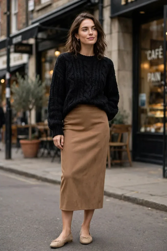 14 Fall Sweater Outfits, Sorted by the Sweater You Already Own 3 Chunky Knit with a Slim Midi Skirt