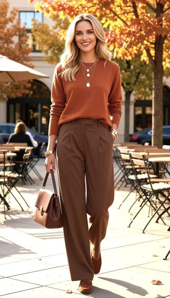 From Caramel to Chocolate: 16 Brown Fall Outfits That Look So Chic 7 Cinnamon Knit Top With Dark Grey Culottes