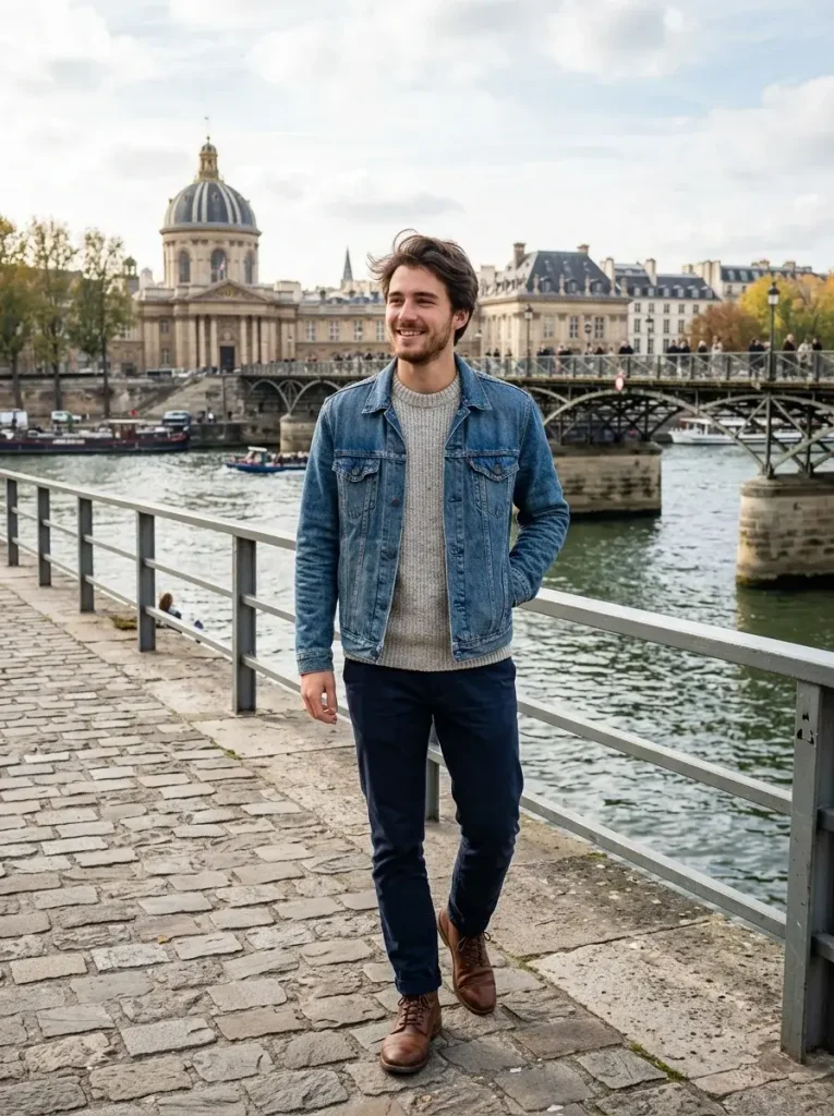 14 Fall Outfits Men Will Want to Wear This Season for Effortless Style 2 Classic Denim Jacket With a Neutral Sweater