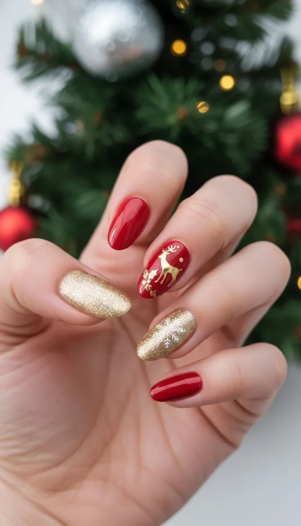Holiday Glam Made Easy: 15 Christmas Nail Designs for Every Festive Mood 2 Classic Red Nails With Gold Glitter