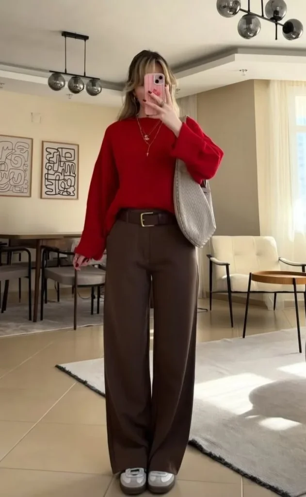 From Caramel to Chocolate: 16 Brown Fall Outfits That Look So Chic 11 Coffee Brown Cardigan With Red Jeans