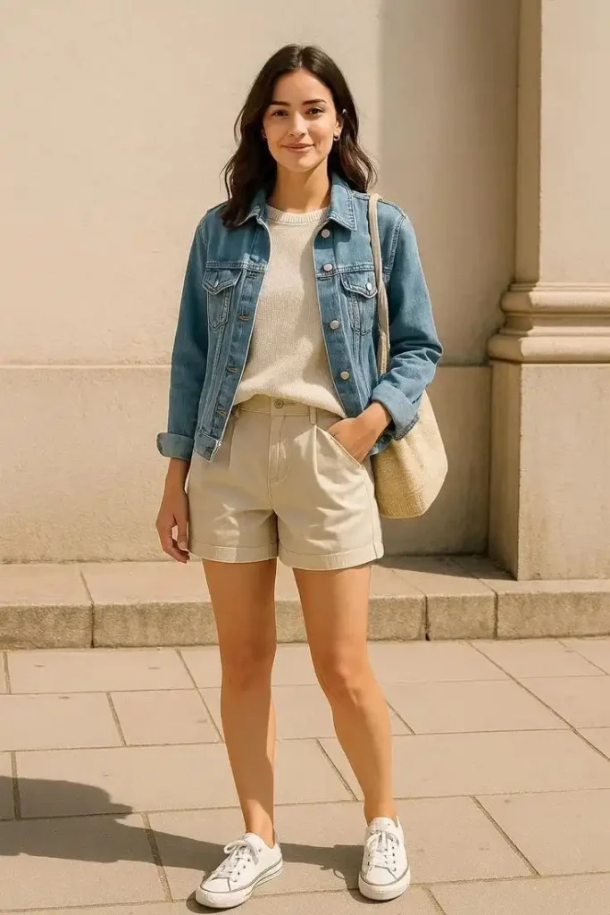 The Denim Layer You’ll Keep Reaching For: 14 Jean Jacket Outfits Fall Is Made For 14 Collarless Denim Jacket With Tailored Shorts
