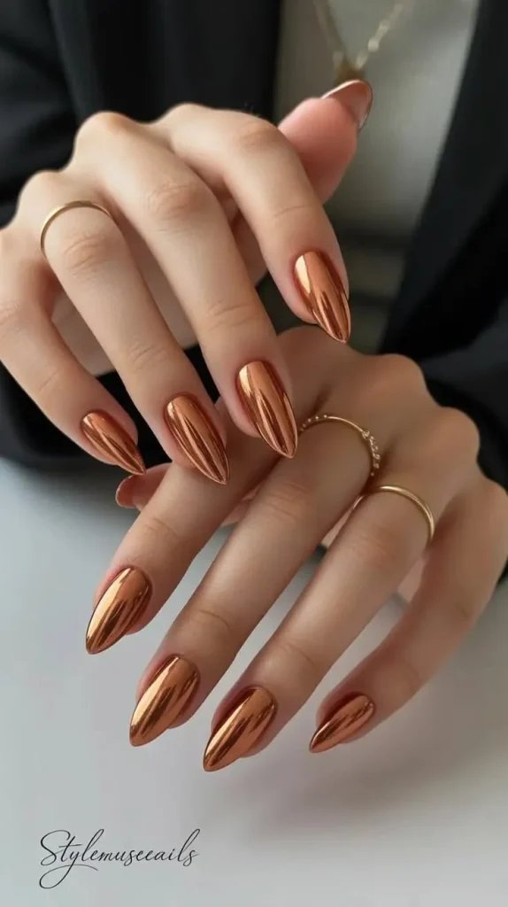 16 Fall Coffin Nails That Make Autumn Manicures Feel Extra Stylish 14 Copper Chrome Coffin Nails