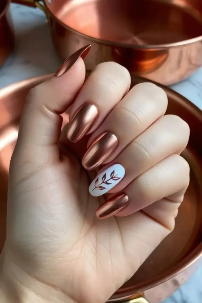 18 Fall Almond Nails That Will Make You Ditch Your Basic Manicure Forever 14 Copper Metallic Shine