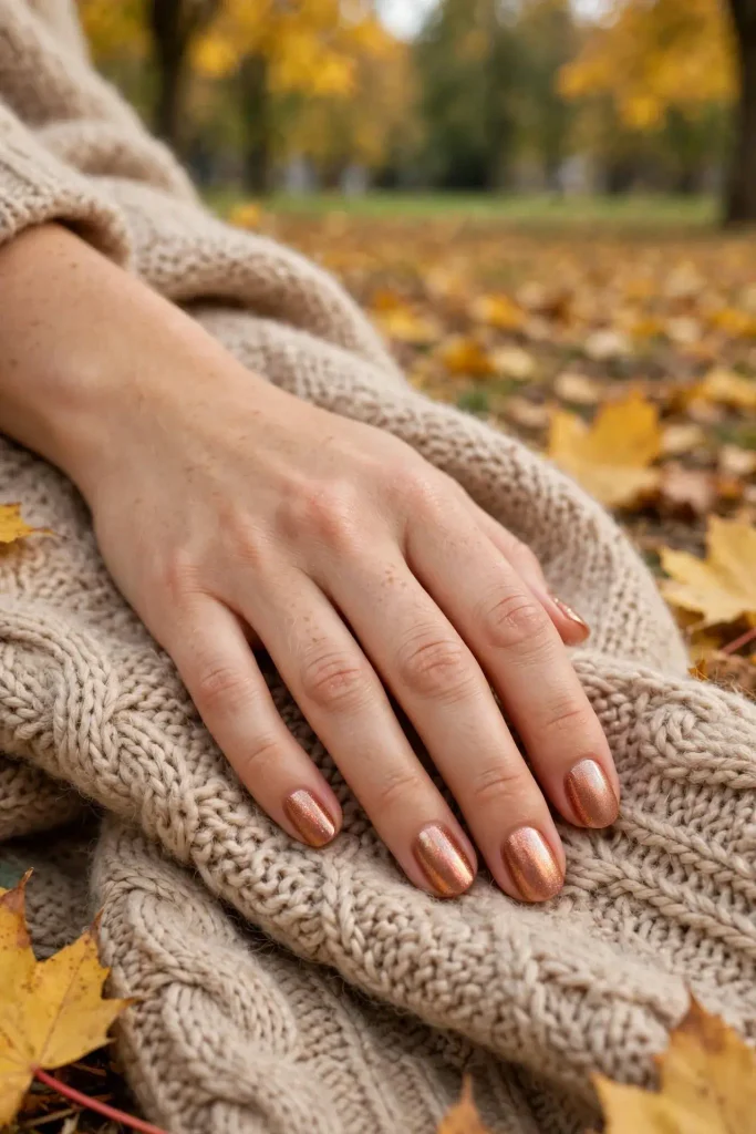 14 Fall Aura Nails That Create the Dreamiest Autumn Manicure Looks 13 Copper Shimmer Haze