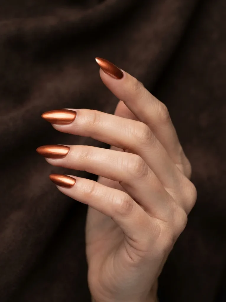 Copper with a High Gloss Top Coat Fall Almond Nails