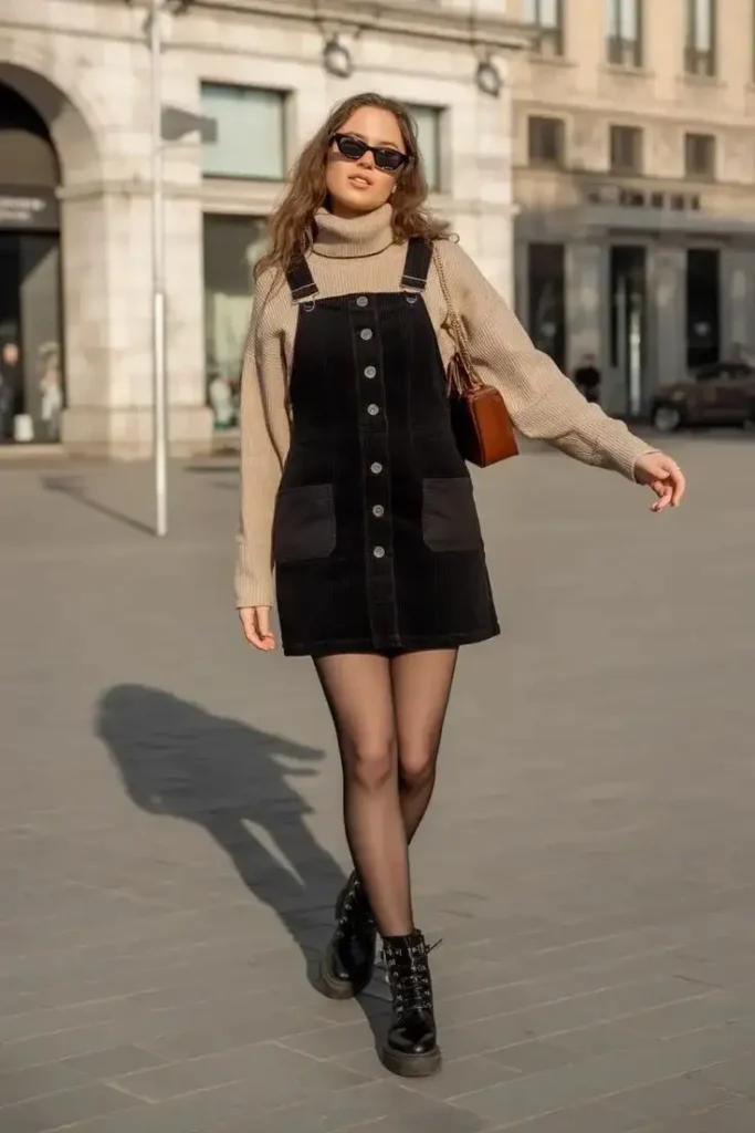 Dress Season Isn’t Over: 15 Fall Outfits Dress Lovers Will Adore 5 Corduroy Mini Dress With Patterned Tights