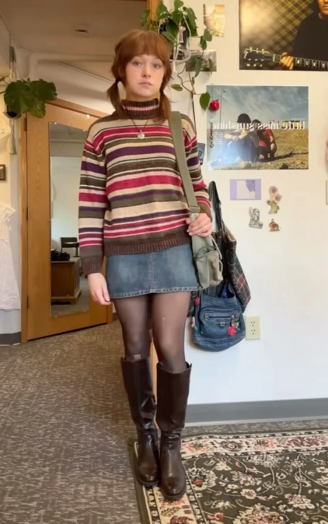 15 Fall Outfits Skirt Lovers Can Wear for an Effortlessly Chic Season 7 Corduroy Mini Skirt With a Striped Sweater