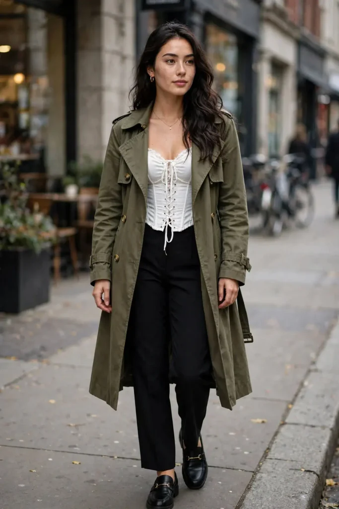 14 Edgy Fall Outfits That'll Make Your Closet Actually Interesting 6 Corset Top Layered Under a Trench Coat
