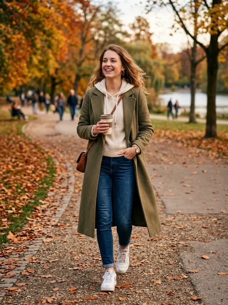 15 Casual Fall Outfits That Look Effortlessly Stylish for Everyday Days 6 Cozy Hoodie With a Long Coat and Sneakers