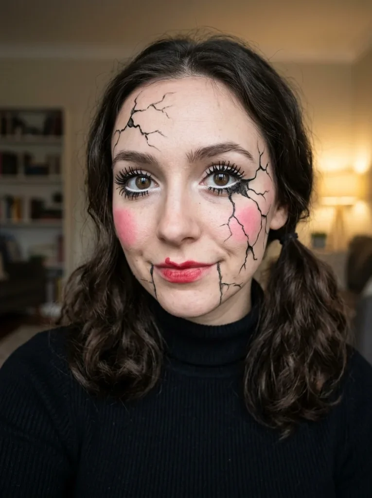 16 Halloween Makeup Looks, Sorted by How Much Time You Actually Have 3 Cracked Doll Face