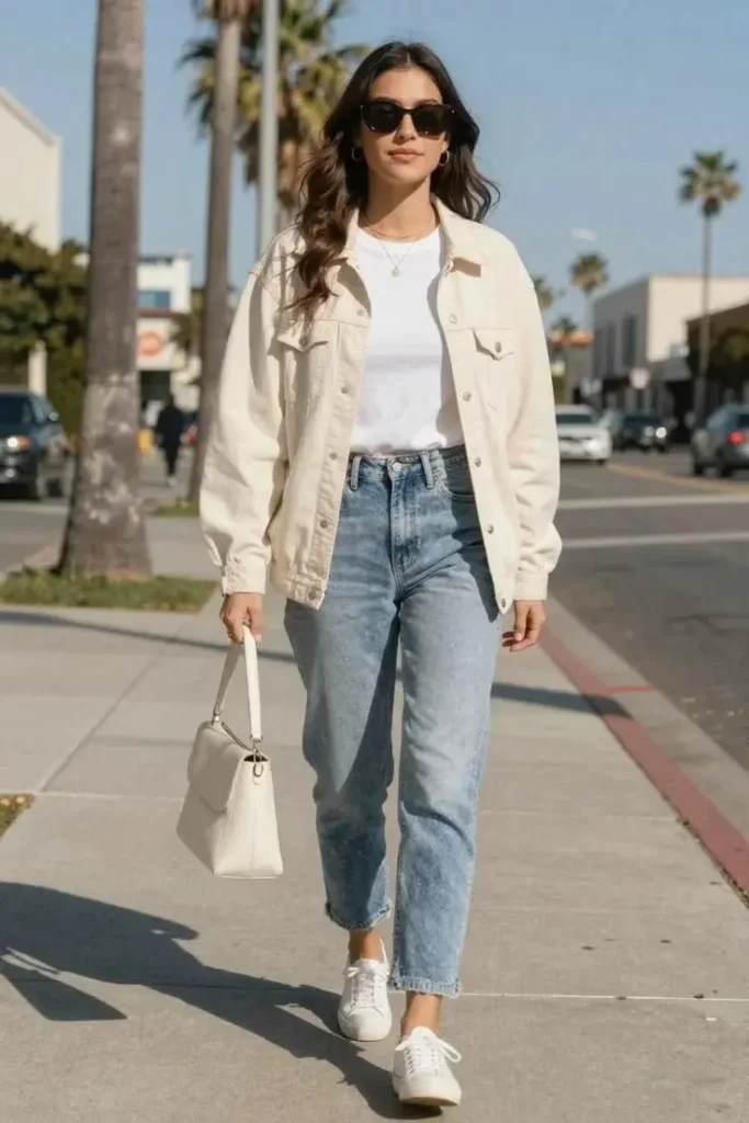 The Denim Layer You’ll Keep Reaching For: 14 Jean Jacket Outfits Fall Is Made For 5 Cream Jean Jacket With Tonal Neutrals