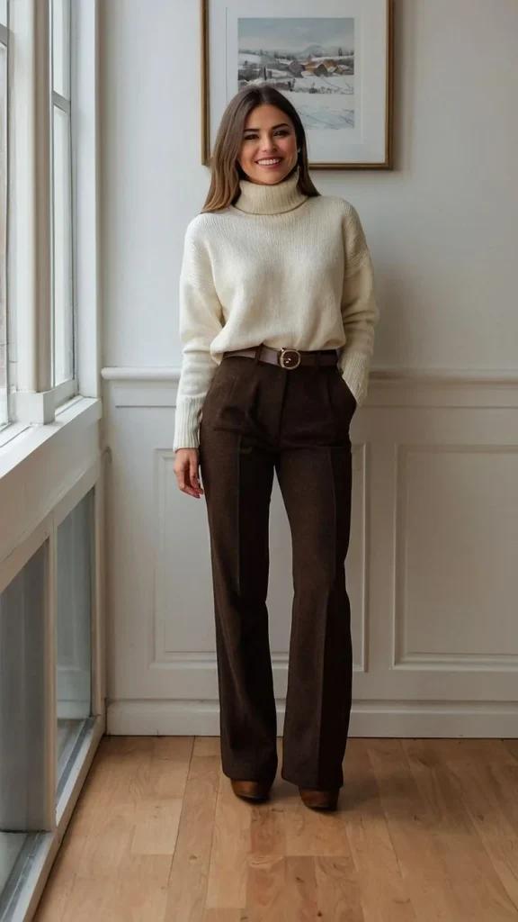 Your Fall Closet Just Got Better: 15 Classy Fall Outfits That Feel Effortlessly Chic 2 Cream Sweater With Tailored Brown Pants
