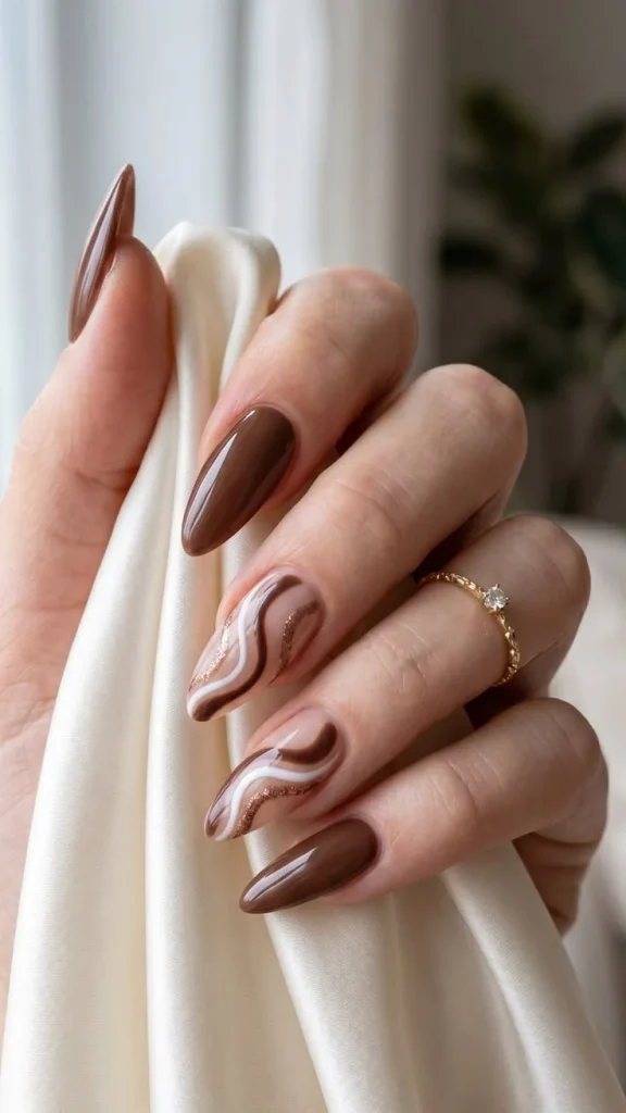 13 Fall Aesthetic Nails That Make Every Autumn Outfit Feel More Put Together 1 Creamy Brown Swirl Nails