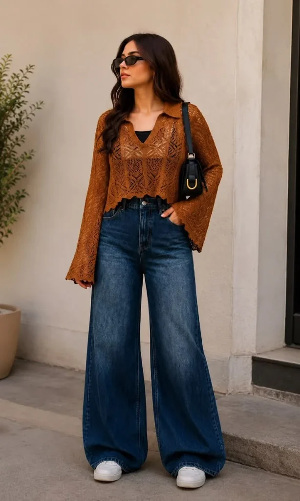 The Cozy-Girl Guide to 17 Boho Fall Outfits That Feel Effortlessly Stylish 4 Crochet Sweater With Wide Leg Jeans