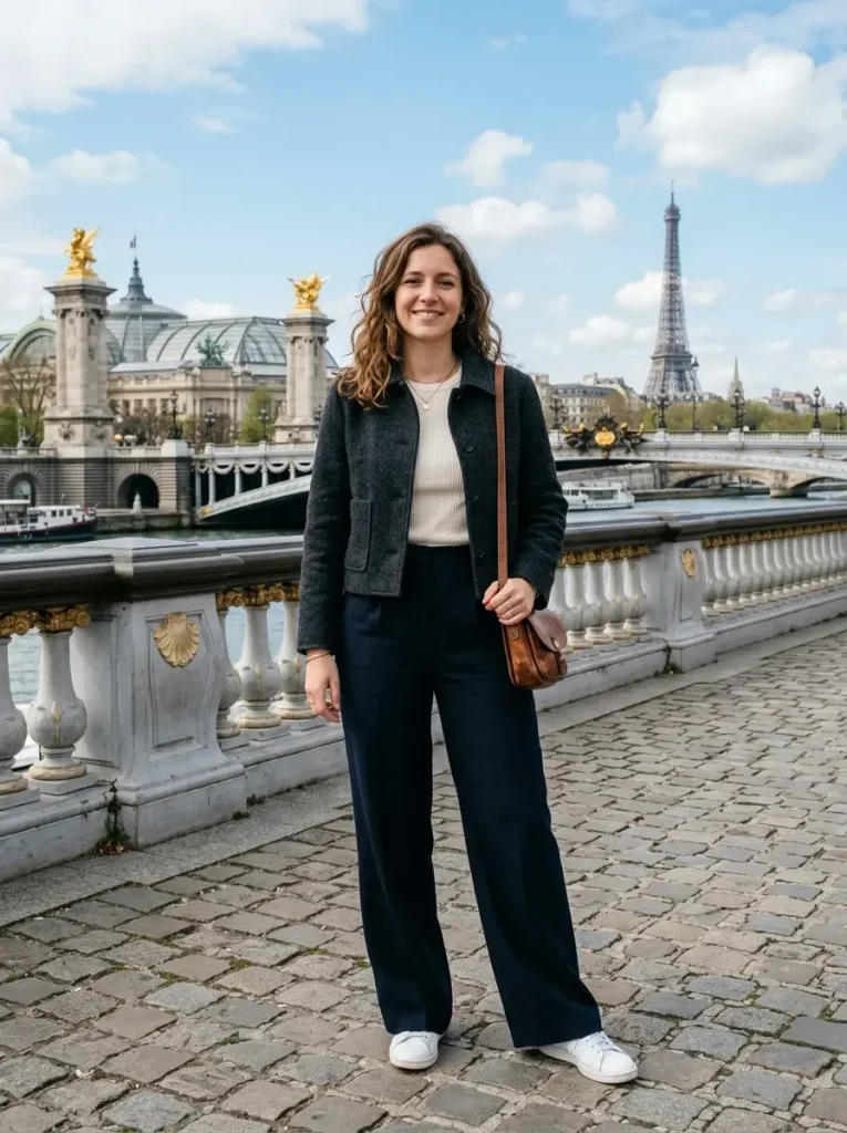 14 Jean Jacket Outfits for Fall (Sorted by What Your Day Actually Looks Like) 12 Cropped Dark Jacket With Wide Leg Trousers