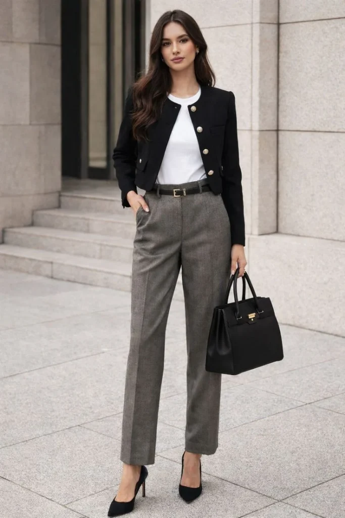 Fall Office Style Made Easy: 15 Fall Business Casual Outfits That Look Effortlessly Polished 14 Cropped Jacket With High Waisted Pants