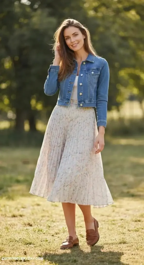 The Denim Layer You’ll Keep Reaching For: 14 Jean Jacket Outfits Fall Is Made For 3 Cropped Jean Jacket With a Pleated Midi Skirt