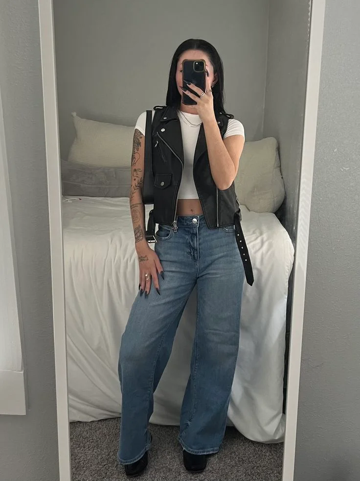 Cold Weather, Main Character Energy: 13 Baddie Fall Outfits 11 Cropped Moto Vest With Parachute Flares