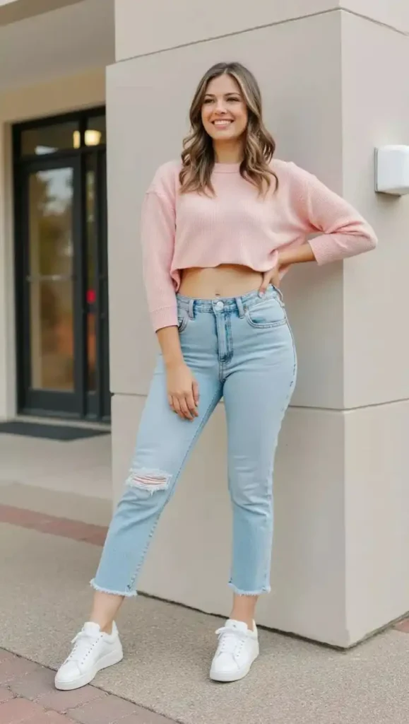 Cozy Meets Chic: 14 Fall Sweater Outfits You’ll Want to Wear on Repeat 6 Cropped Sweater With High Waisted Jeans