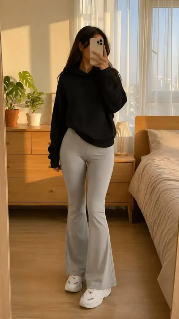 From Early Classes to Late Coffee Runs: 15 College Fall Outfits 8 Cropped Sweatshirt With Flared Yoga Pants
