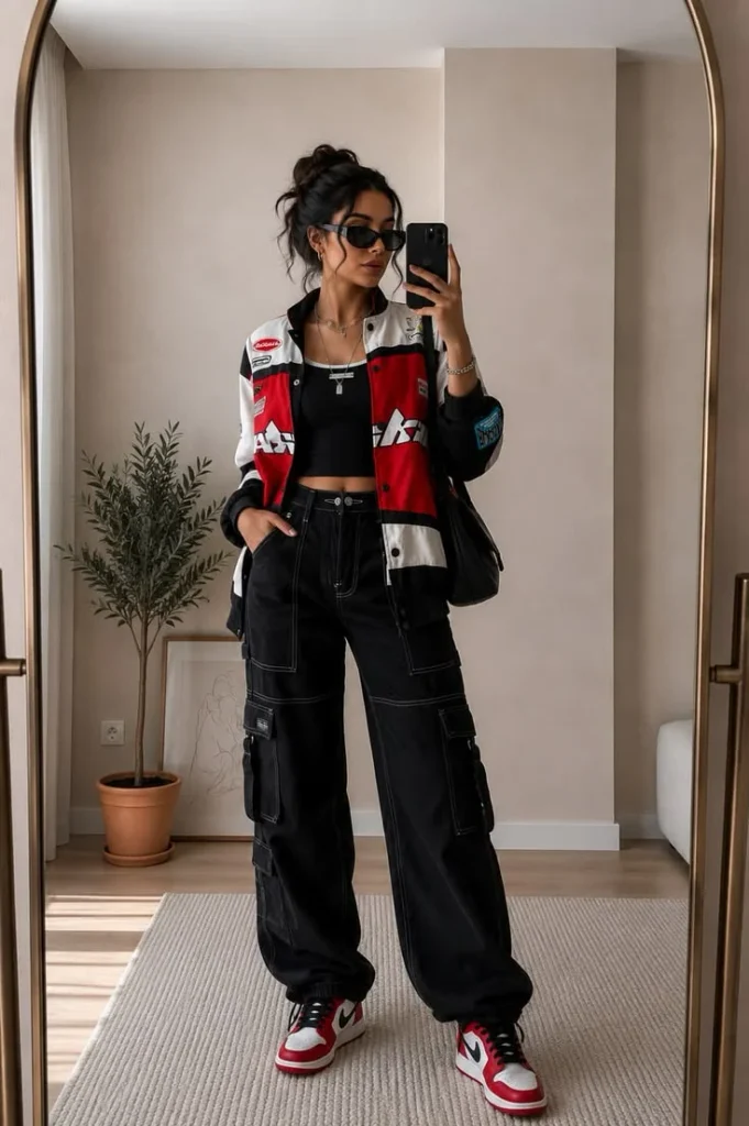Cold Weather, Main Character Energy: 13 Baddie Fall Outfits 1 Cropped Varsity Jacket With Lace Up Pants