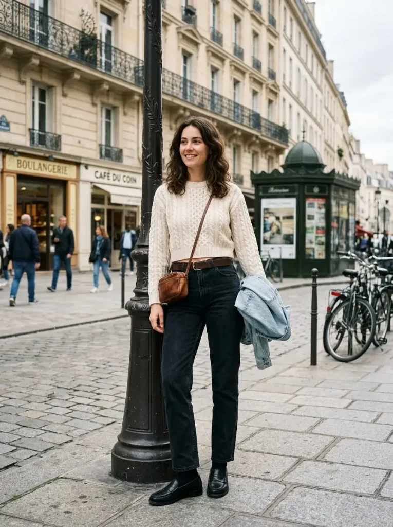 Cropped sweater high waisted jeans loafers