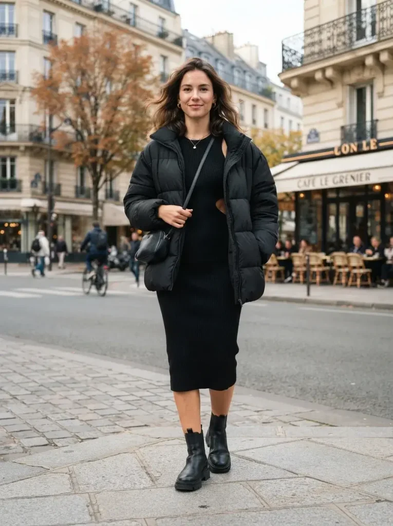 Cutout Dress Under an Oversized Puffer