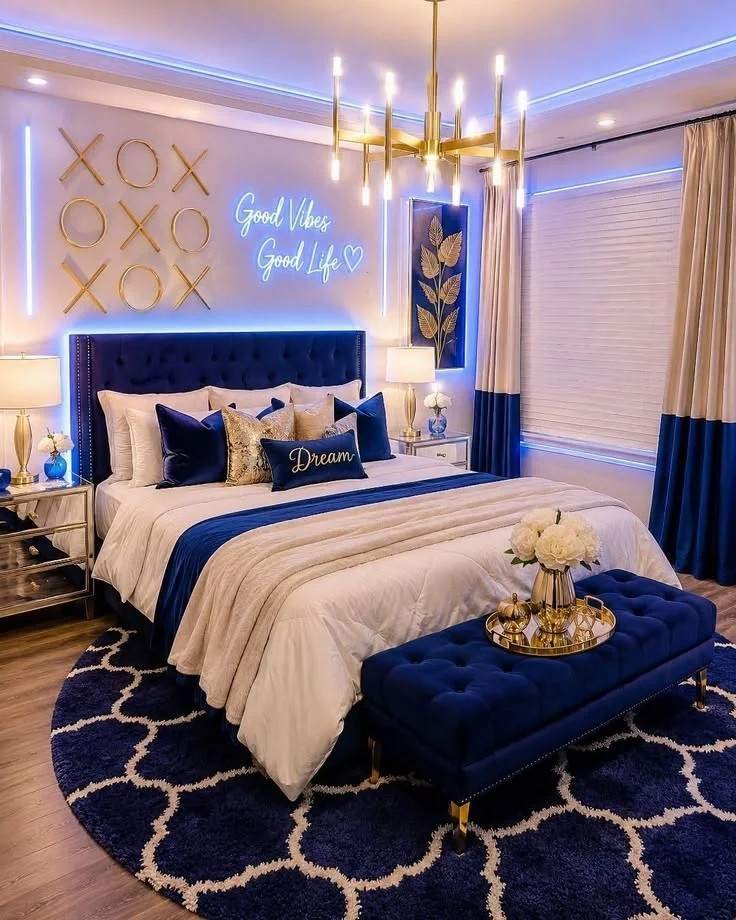 18 Blue Bedroom Ideas That Are Giving “Main Character Energy” Right Now 8 Dark Blue and Gold Luxury Combo