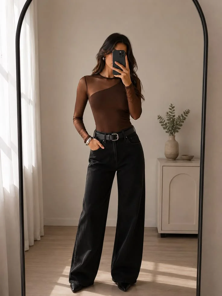 From Caramel to Chocolate: 16 Brown Fall Outfits That Look So Chic 9 Dark Brown Mesh Top With a Satin Camisole