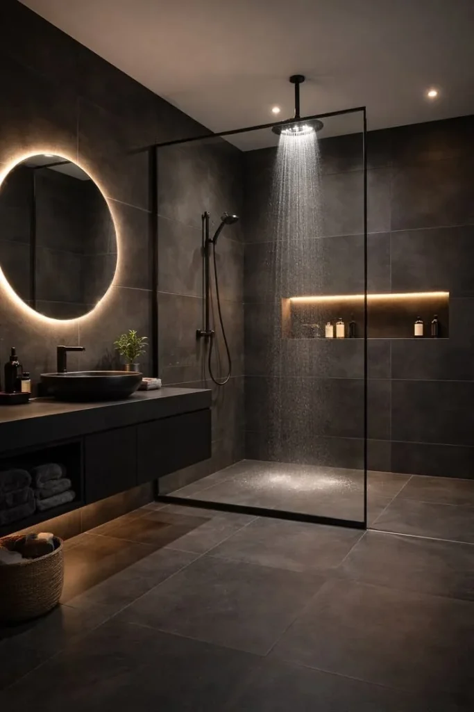 18 Grey Bathroom Ideas That Look Straight Out of a Luxury Spa (Without the Luxury Price Tag) 10 Dark Grey Bathroom With Warm Lighting