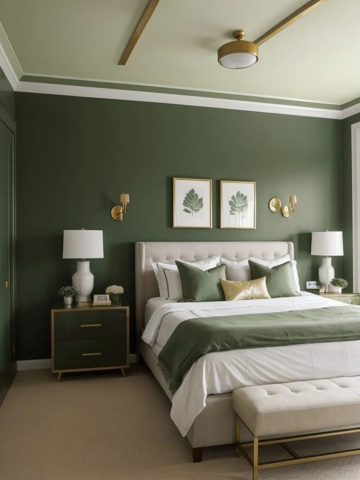19 Green Bedroom Ideas That Are So Cozy & Chic You’ll Want to Redecorate This Weekend 2 Dark Olive Green Accent Wall
