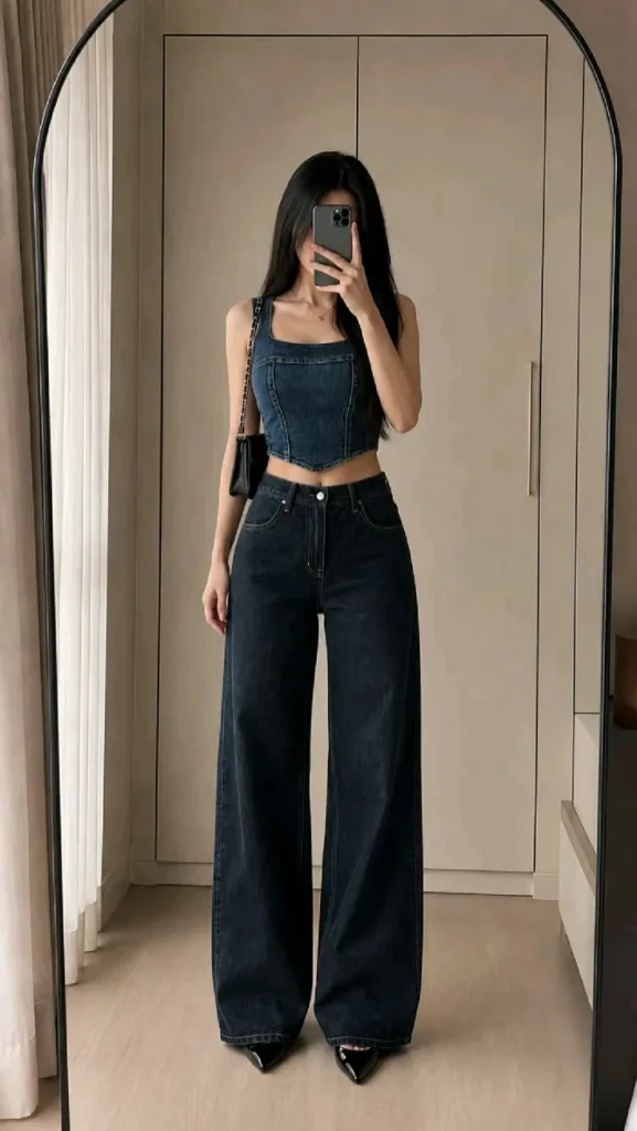 Cold Weather, Main Character Energy: 13 Baddie Fall Outfits 4 Denim Corset With Coated Flare Pants