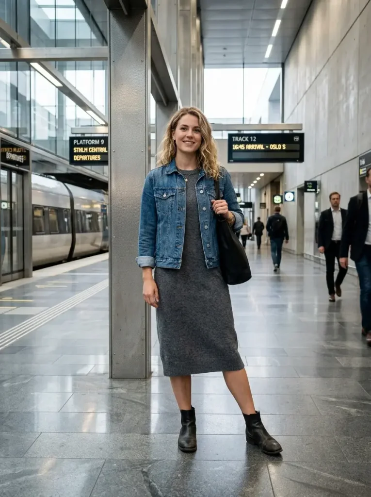 15 Fall Outfits for Women That Create Effortless Autumn Style Everyone Loves 4 Denim Jacket Over a Cozy Dress