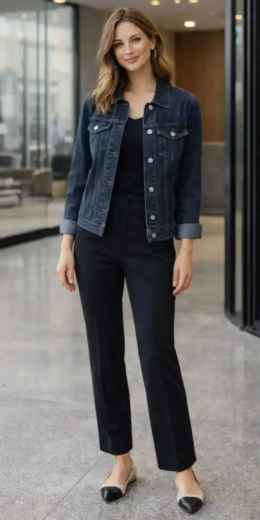 15 Casual Fall Outfits That Make Everyday Dressing Feel Effortless 5 Denim Jacket With Black Pants