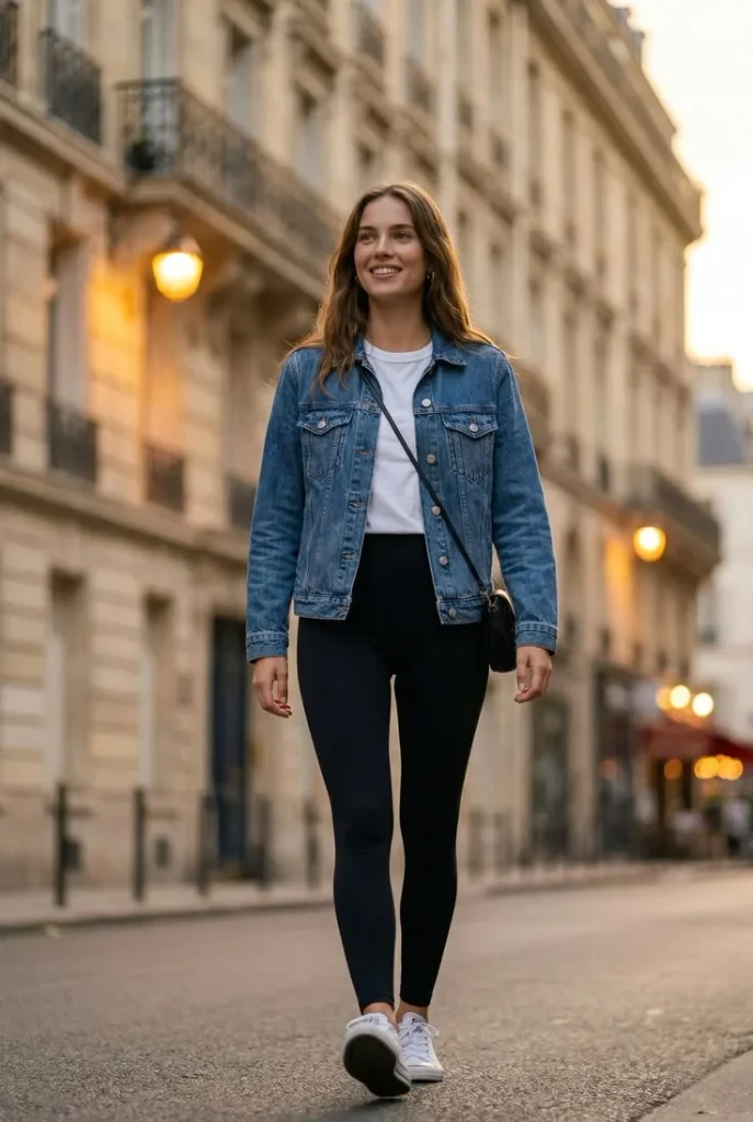 Back-to-Class Style Made Easy: 16 Fall Outfits for School You’ll Actually Want to Wear 5 Denim Jacket With Leggings and Sneakers