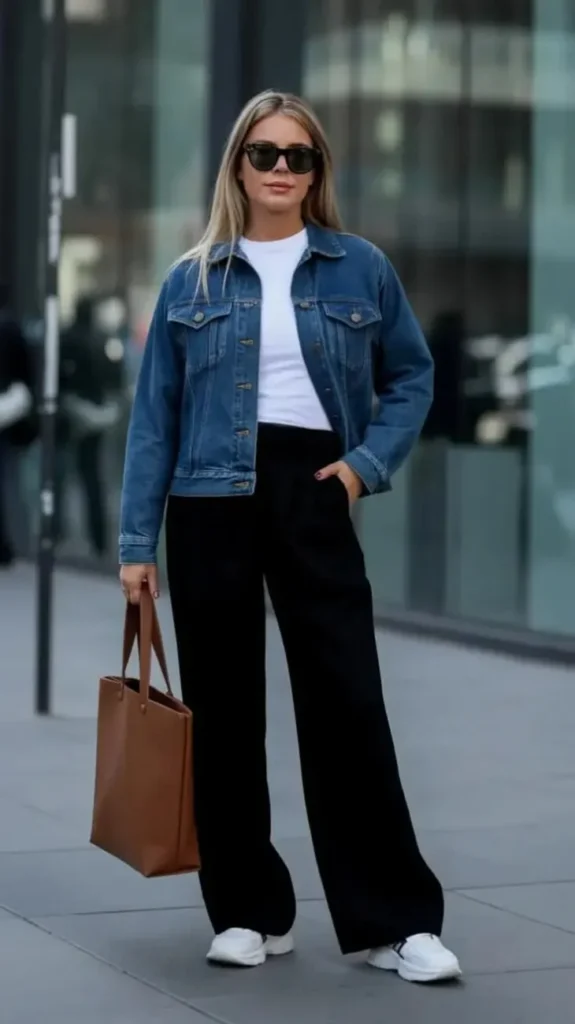 14 Fall Outfits Aesthetic Looks That Make Cozy Dressing Feel Effortlessly Stylish 12 Denim Jacket With Wide Leg Pants