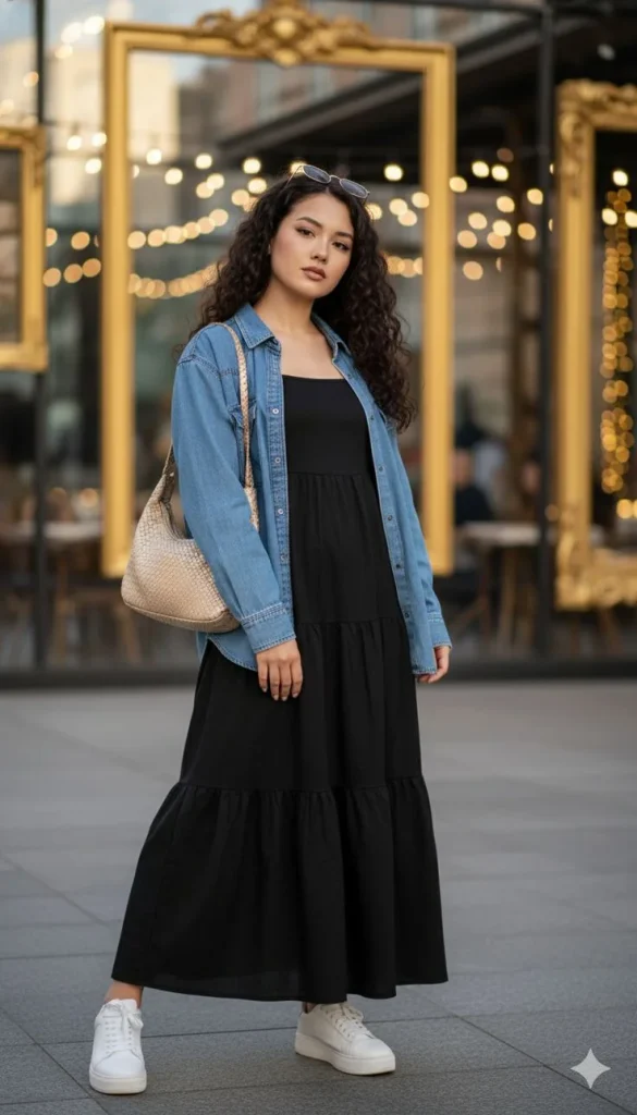 15 Early Fall Outfits That Make the Seasonal Style Switch Feel Effortless 5 Denim Jacket With a Black Maxi Dress