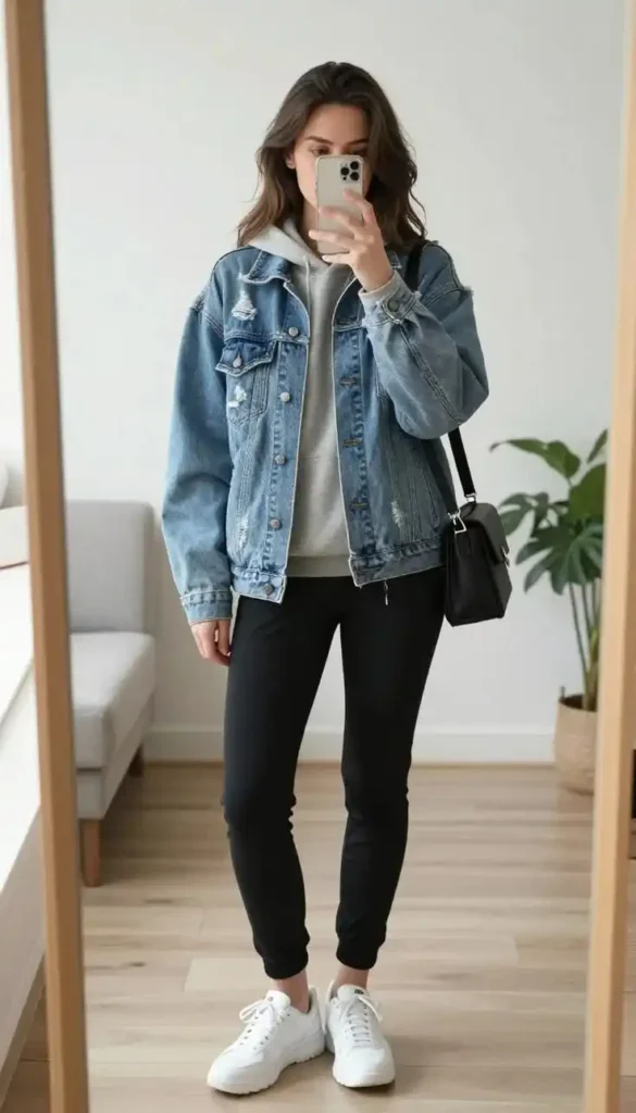 Leggings, But Make It Fall: 14 Fall Outfits Leggings Lovers Will Live In 3 Denim Jacket With a Cozy Hoodie