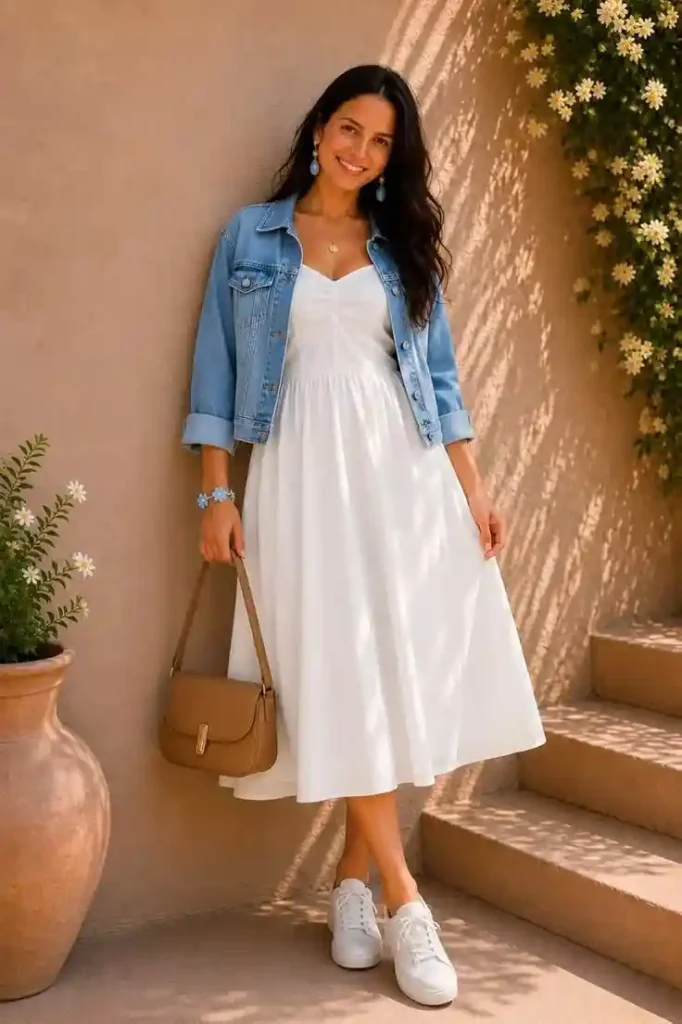 Cozy, Chic, and Easy: 17 Fall Fashion Outfits Ideas You’ll Want to Recreate 8 Denim Jacket With a Midi Dress 1