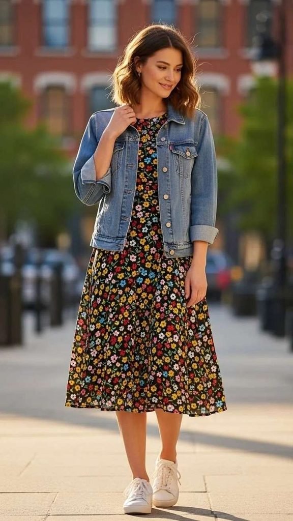 Getting Dressed Just Got Easier: 14 Simple Fall Outfits That Always Look Good 4 Denim Jacket With a Midi Dress