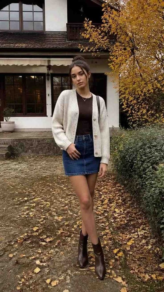 15 Fall Outfits Skirt Lovers Can Wear for an Effortlessly Chic Season 2 Denim Mini Skirt With an Oversized Cardigan