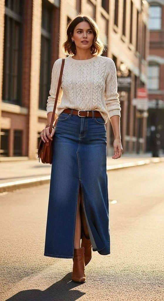 17 Fall Outfits with Boots That Make Getting Dressed Feel So Much Easier 9 Denim Skirt Chunky Knit and Ankle Boots