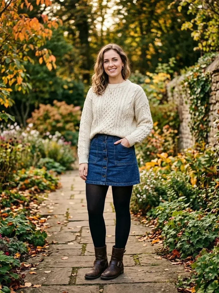 15 Casual Fall Outfits That Look Effortlessly Stylish for Everyday Days 13 Denim Skirt With Tights and a Sweater